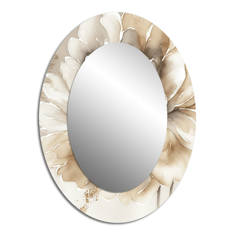 Single Beige Flower IV - Floral Oval Decorative Mirror On Metal, 40" x 30"
