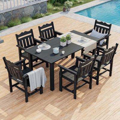 Ensemble de salle à manger d'extérieur toutes saisons de 7 pièces avec trou pour parasol et chaises ergonomiques, ensemble de table de salle à manger pour 6 personnes, table de patio et chaises pour la cour, terrasse