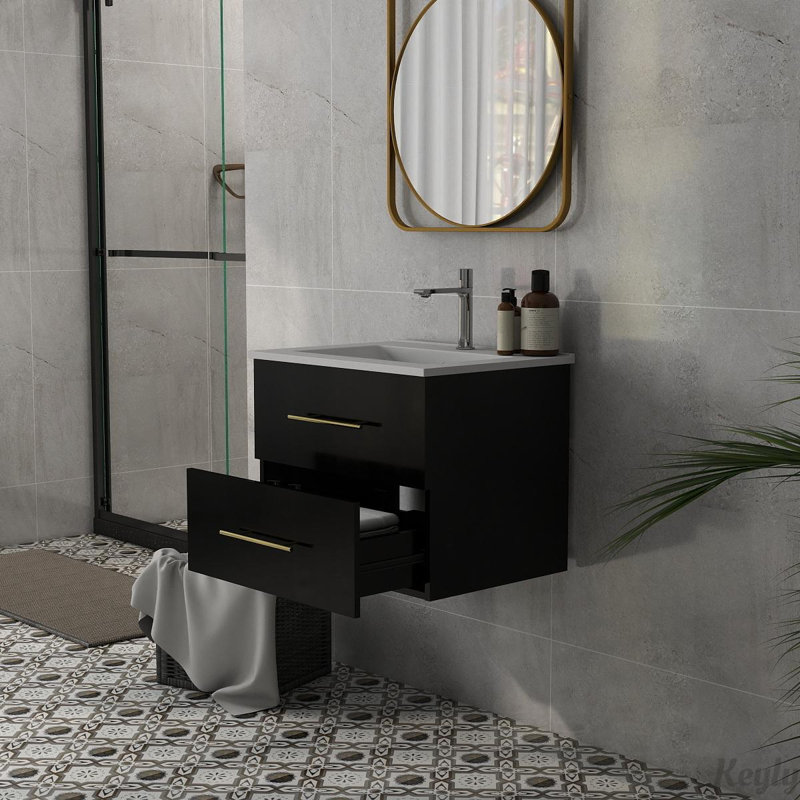 Ensemble de meuble-lavabo mural 24 po avec lavabo et miroir, Noir