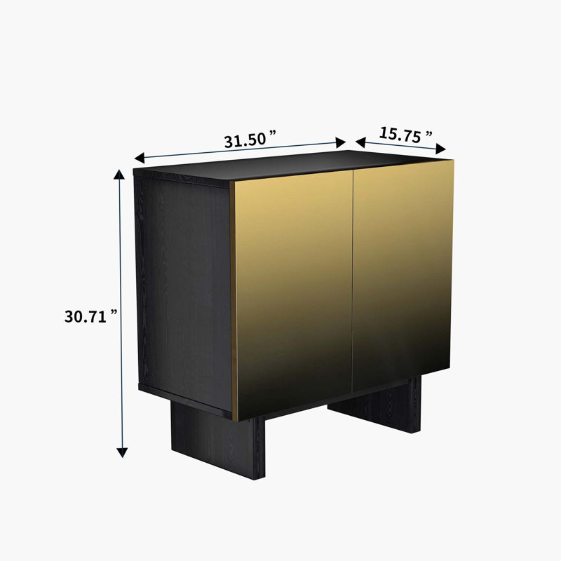 Modern Matte Black 2-Door Accent Cabinet with Gold Wire Mesh & Push-to-Open