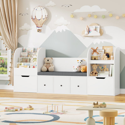 71.1"W Wood Kids Bookcase With 5 Drawers, Seat Cushion, Reading Nook & Toy Organizers