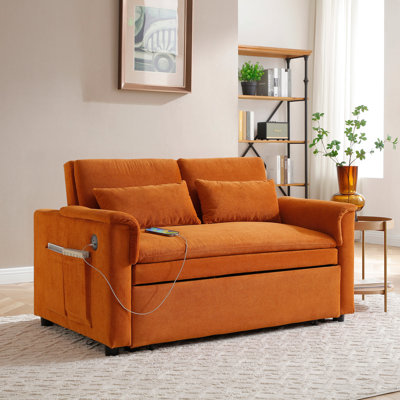 Canapé-lit à deux places en velours de 55 po, dossier réglable avec ports USB, deux poches latérales, canapé-lit convertible 3 en 1, causeuse moderne, 2 coussins de taille pour le salon