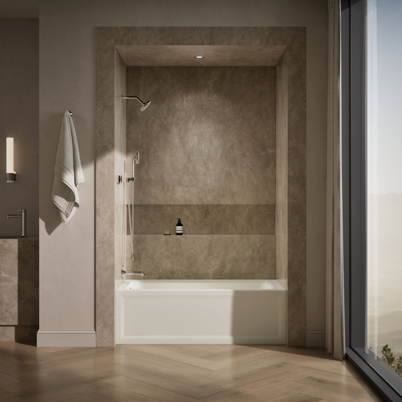 Baignoire en alcôve Archer® avec surface chauffante, tablier intégré et bride de carrelage, Biscuit, Gauche
