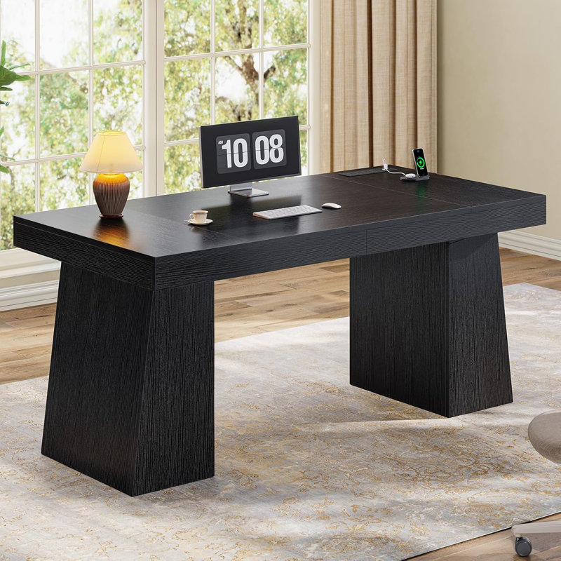 Bureau de direction 55,9 po, bureau à domicile moderne avec prises de courant et armoire de rangement, petite table de conférence