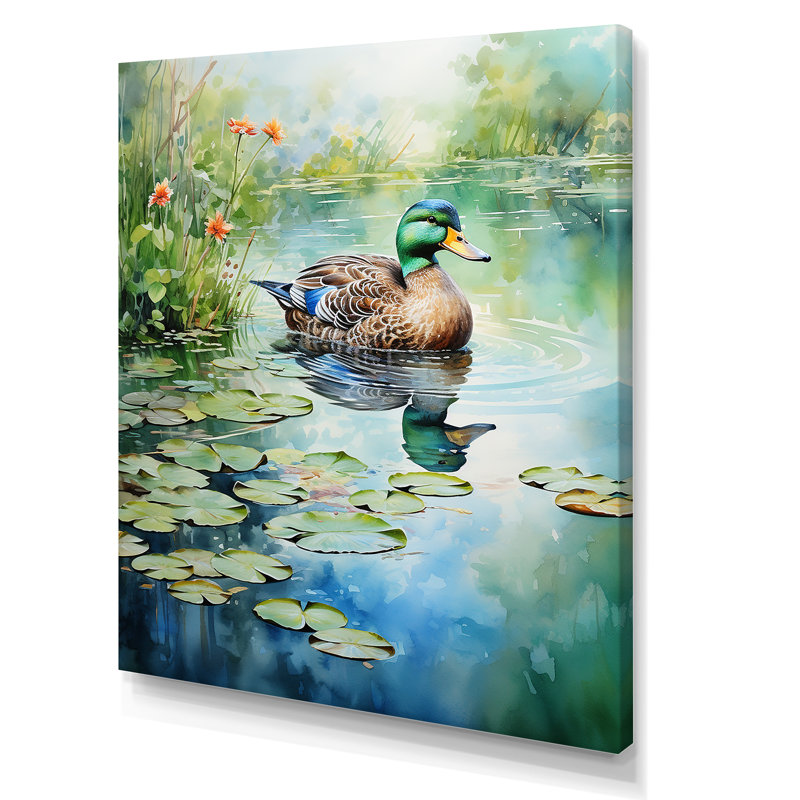 Duck Pond Reflections IV - Duck Animal, art mural, Toile tendue, 40" H x 30" W