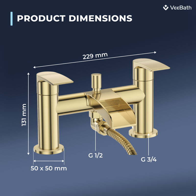 VeeBath Symphony Round Waterfall Bath Shower Mixer Tap with Kit, Brushed Brass