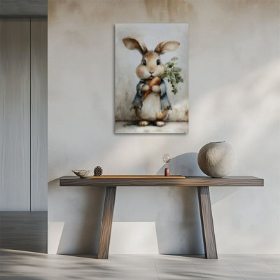 1pc Cute Easter Canvas Wall Art, Rabbit, Carrot, Realistic Oil Painting Poster 24"x36" Framed Painting Room Wall Decor, Ideal Gift For Bedroom Living Room Hallway Dorm, Ready To Hang
