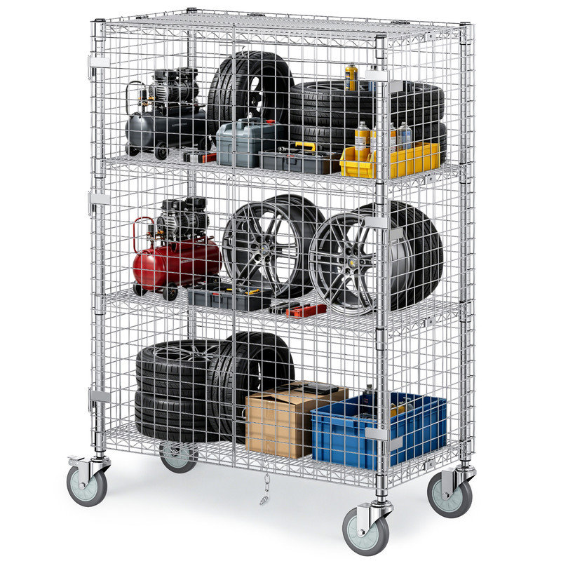 Chariot de sécurité à cage 70 po H 70,8 po avec porte verrouillable en métal chromé commercial, 18 po x 36 po