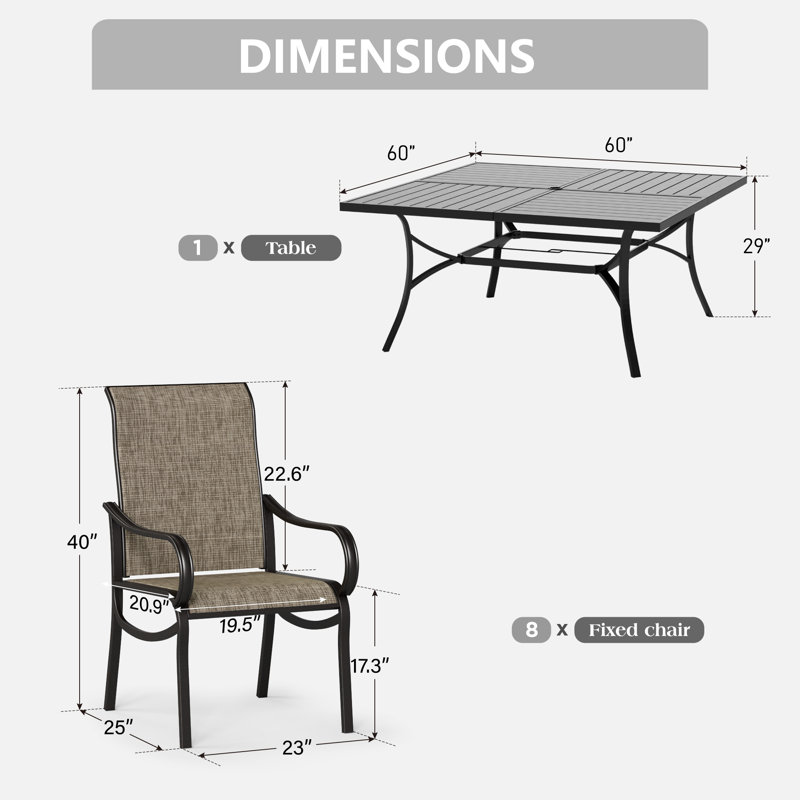 Ensemble repas pour 8 personnes avec grande table carrée en bois