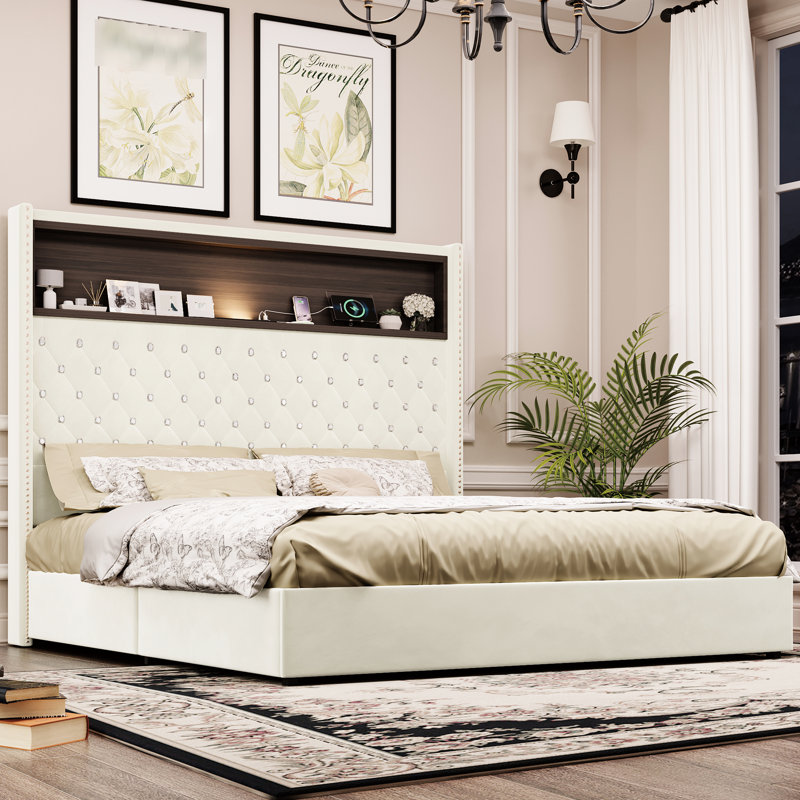 Structure de lit pour grand lit beige, tête de lit haute de 52 pouces, velours, porto, nuit et rangement avec accents de rivets de 52 po, recharge, solution