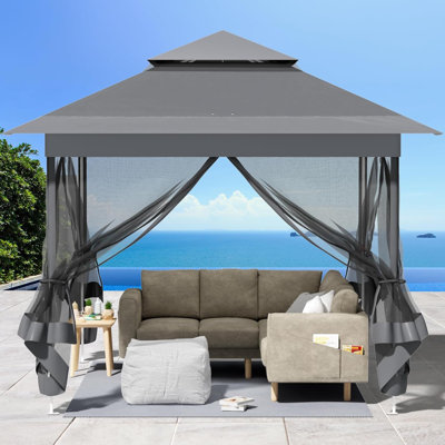 3.3x3.3m New One-Click Top Eave Folding Tent with Mesh Netting, Waterproof Tape, Wheels, and Sandbags - Gray
