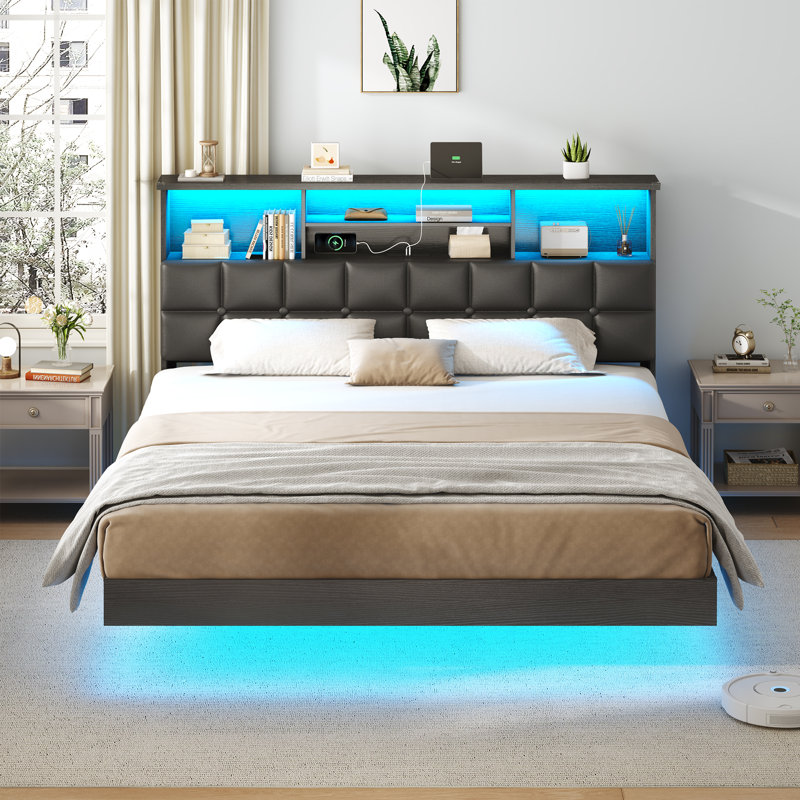Upholstered Floating Bed Frame with Storage Bookcase Headboard Wood LED Metal Platform Bed with Charging Station, Black