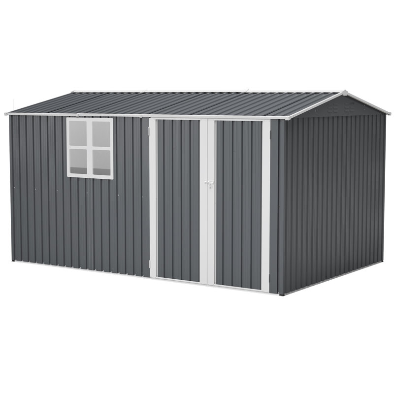 Remise de rangement extérieure 8 x 12 pi, grand rangement pour outils en métal avec cadre en aluminium et portes verrouillables, rangement pour pelouse de jardin, gris
