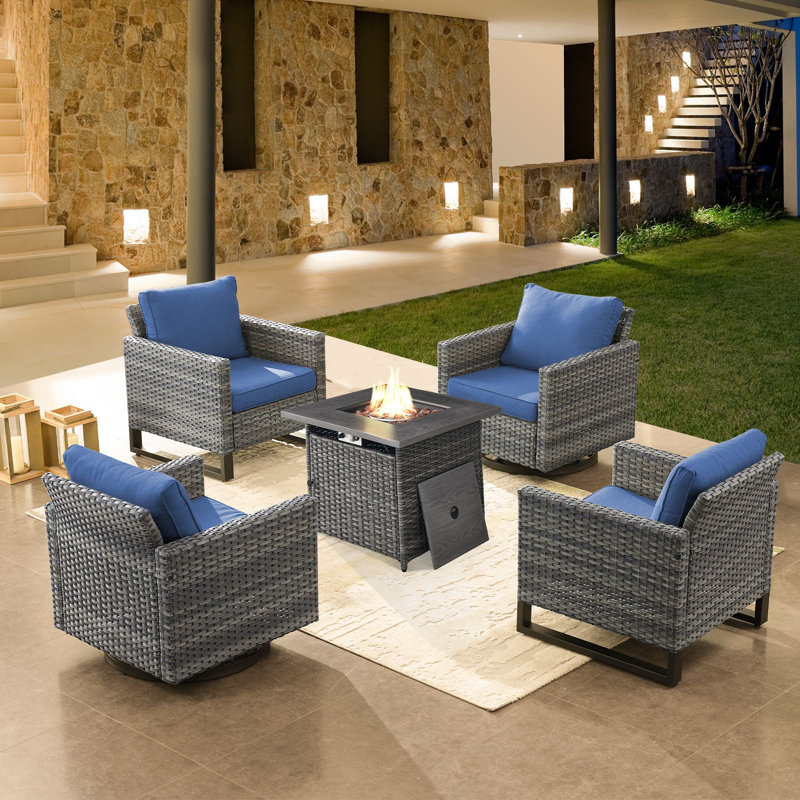 Naresa 5-Piece Outdoor Wicker Furniture Set With Swivel Glider Chairs & Fire Pit Table, Blue