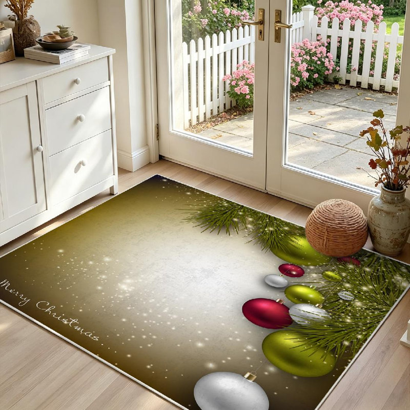 Tapis d'intérieur rouge lavable à la machine, motif Noël avec boules et branches de sapin, Rectangle 39 po x 63 po