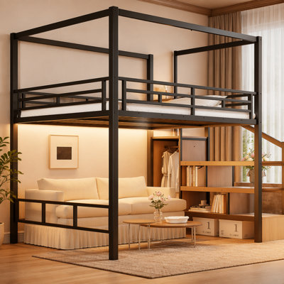 Grand lit mezzanine avec escalier de rangement et garde-robe, lit mezzanine en métal avec cadre à baldaquin et lumière DEL, conception spacieuse sous le lit, noir