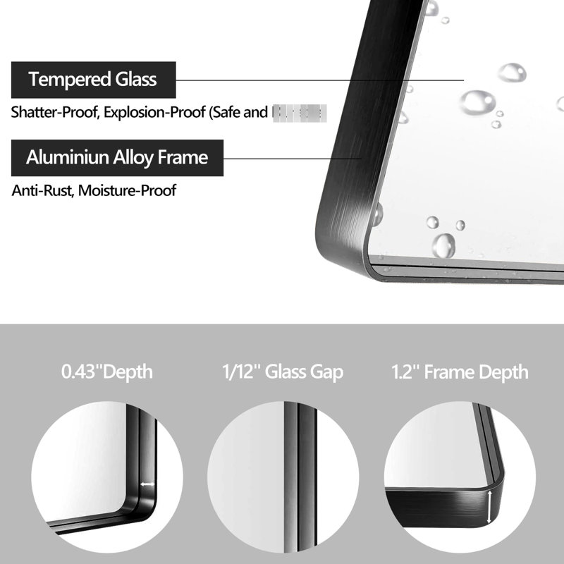 Miroir de salle de bain noir avec cadre en aluminium noir de 48 po x 32 po, avec verre flotté HD pour une réflexion précise et claire, avec caractéristiques antirouille, supports en Z faciles à installer, tout autour