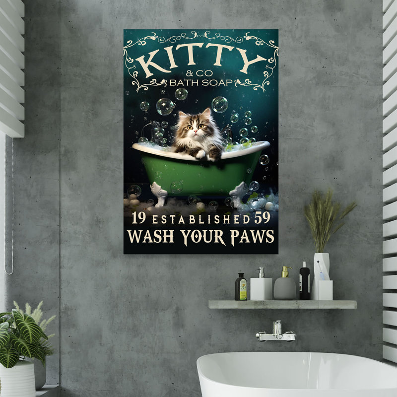 «Red Kitty and Bath Soap - Wash Your Paws», toile tendue pour la salle de bain, H 36 po x l 24 po x P 2 po
