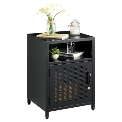 Metal Locker Nightstand, Black Stainless Steel Bedside Table | with Locking Cabinet Door & Open Shelf, Compact Locker Side Table for Bedroom, Dorm, Office & Living Room, Modern