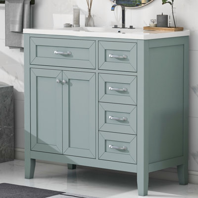 Ensemble de meuble-lavabo 36 po avec évier, armoire de salle de bain avec 5 tiroirs, structure solide et panneau en bois aggloméré