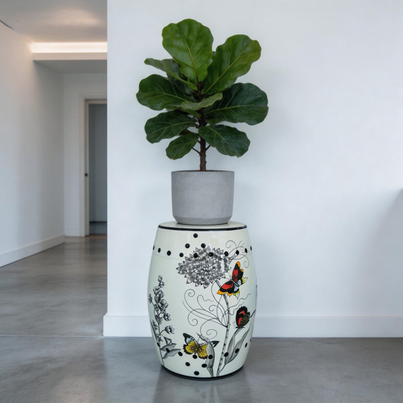 Tabouret en céramique fleur et oiseau, Beige
