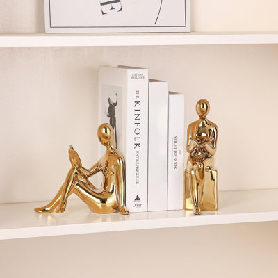 Decorative Bookends, Ceramic Book Ends For Shelves, Home Office Decor Aesthetic Book Stopper Reading Book Holders Statues For Bookshelf Bedroom Living Room Decoration (Glod)