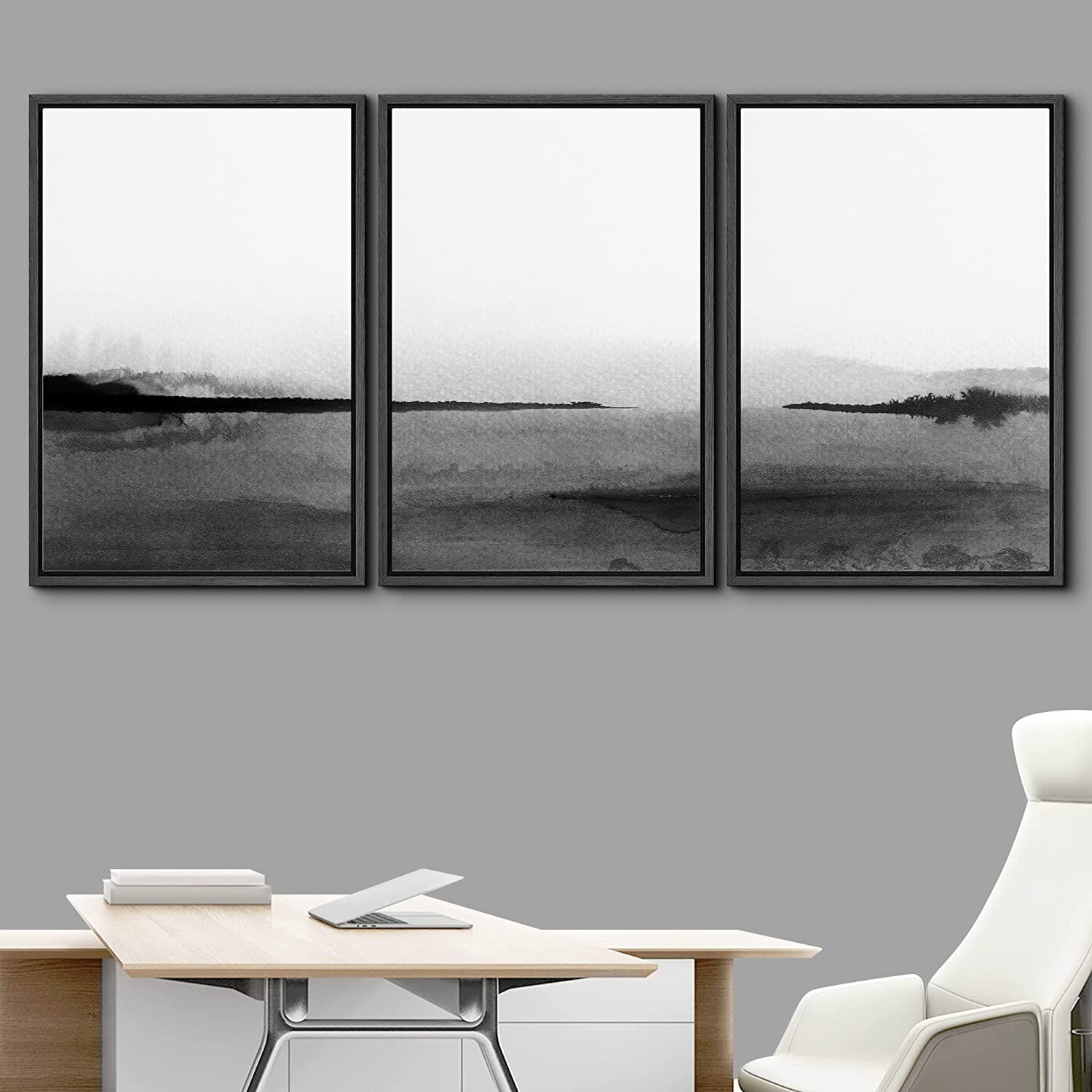 Minimalist Watercolro Black Sand Landscape Abstract Shapes - 3 Piece Floater Frame Photograph On Canvas IDEA4WALL Frame Color: Black, Size: 36 H x 72