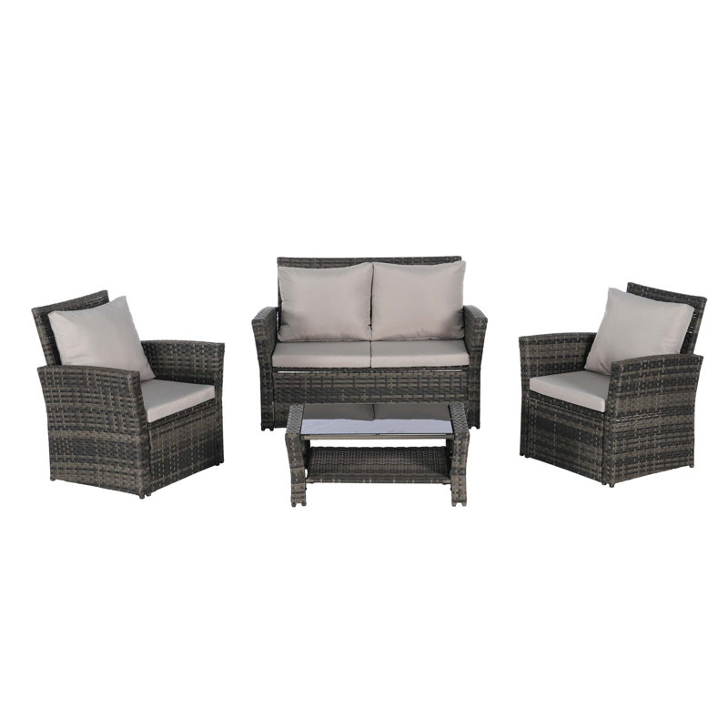 4 Pieces Outdoor Patio Furniture Sets Garden Rattan Chair Wicker Set, Poolside Lawn Chairs with Tempered Glass Coffee Table Porch Furniture