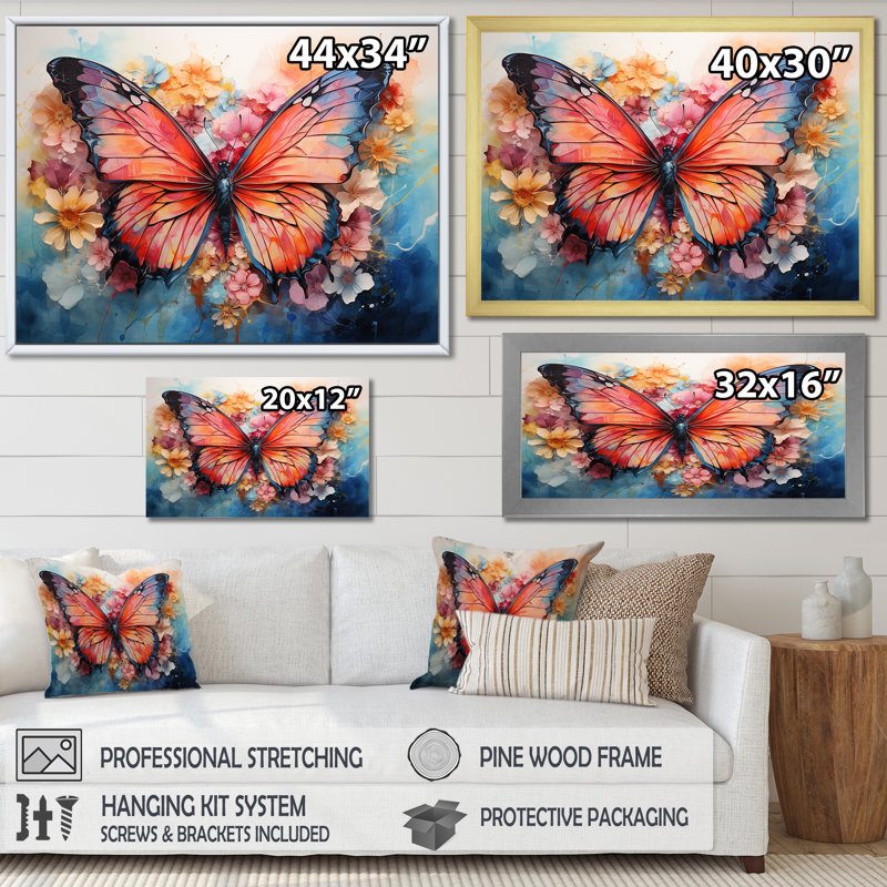 Papillon abstrait Auras II - grand art mural papillon, H 16 po x l 32 po x P 1 po, Cadre flottant noir