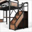 Twin Size Industrial Metal Loft Bed with Built-in Desk & Power Outlet, LED Strip, Metal Loft Bed Frame with Pegboard & Mesh Storage Baskets, Storage Stairs with Wardrobe, Black