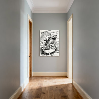 Requin et lapin dans une baignoire, art mural tendu sur toile noir et blanc