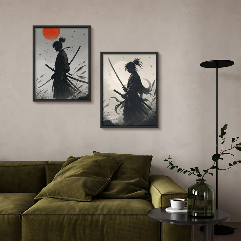 Samurai Warrior, ensemble de 2 reproductions d'art encadrées encadrées à l'encre japonaise, H 14 po x l 11 po, Naturel
