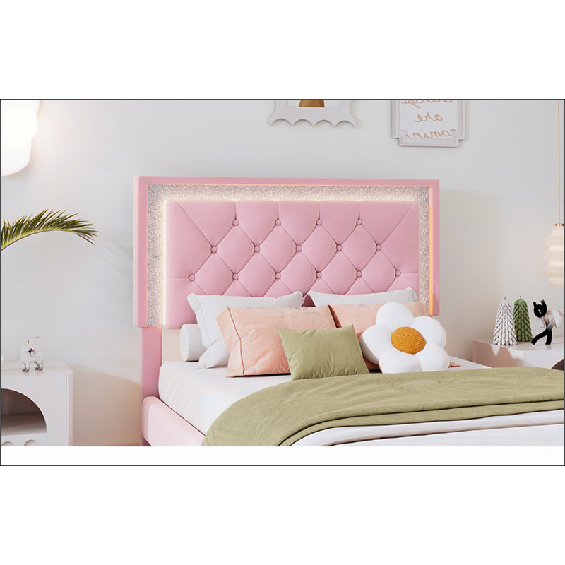 Structure de lit simple tapissier avec lumières DEL, lit plateforme moderne en velours avec tête de lit capitonnée