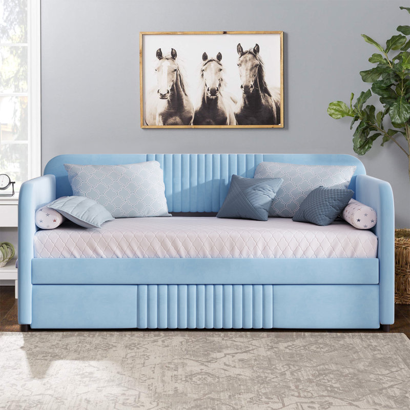 Holliston Twin Size Velvet Upholstered Daybed with Trundle on Wheels, Light Blue