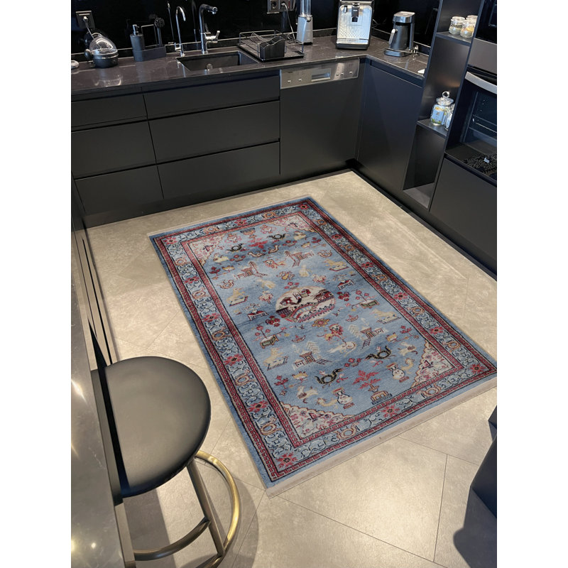 Tapis décoratif bleu à motif floral et animal, Tapis de couloir 3 pi 3,37 po x 9 pi 10,11 po