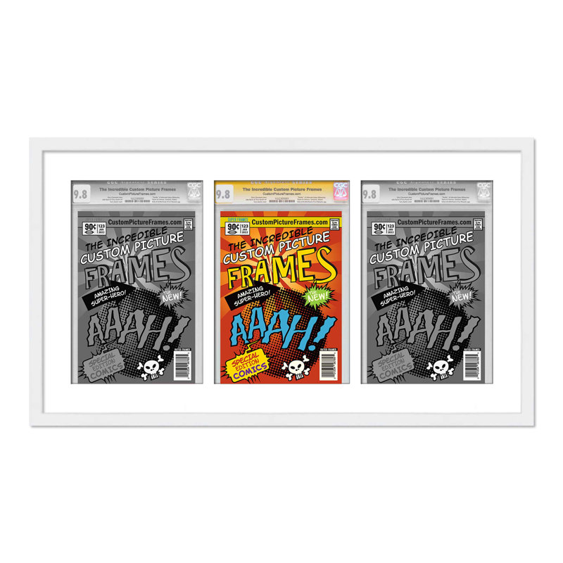 Cadre de bandes dessinées avec 3 ouvertures classées pour reproduire 3 bandes dessinées horizontalement avec acrylique UV, support et quincaillerie