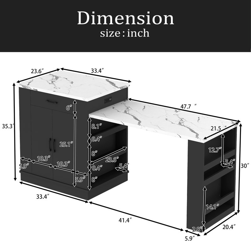 Console d'îlot extensible avec tiroirs, armoire à deux portes et tablettes ouvertes. Sert de table de salle à manger, de bar pour le petit-déjeuner temporaire et de salon de thé l'après-midi