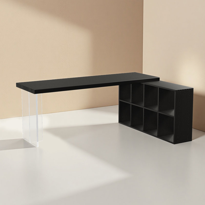 Bureau noir en bois massif en forme de L avec armoires ouvertes, H 29,53 po x l 78,74 po x P 55,12 po