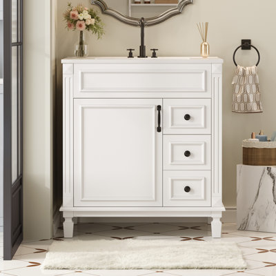 30" French Country Bathroom Vanity with Ceramic Sink & Fluted Details, White