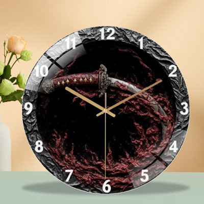 Clock Face With Sword And Red Texture Art - 12'' Modern Glass Wall Clock