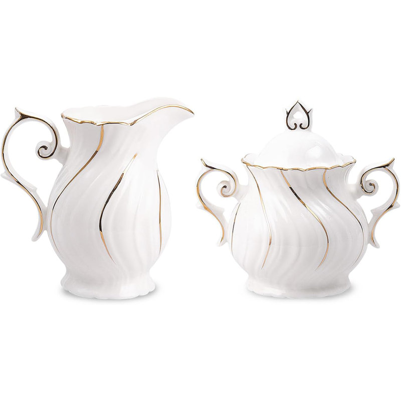 Ceramic Creamer Pitcher and Sugar Bowl Set, Water Ripple White Porcelain Sugar and Creamer Set for Coffee Tea Table Decor