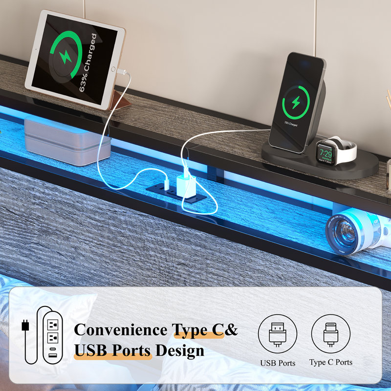 Khemis Floating Bed Frame with LED Lights and  Charging Station, RGB Smart Storage Headboard Platform Bed with Type-C & USB Port