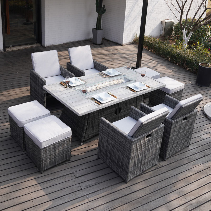 Bentlei 8 - Person Wicker Patio Dining Set with Rectangular Table , Cushions Included
