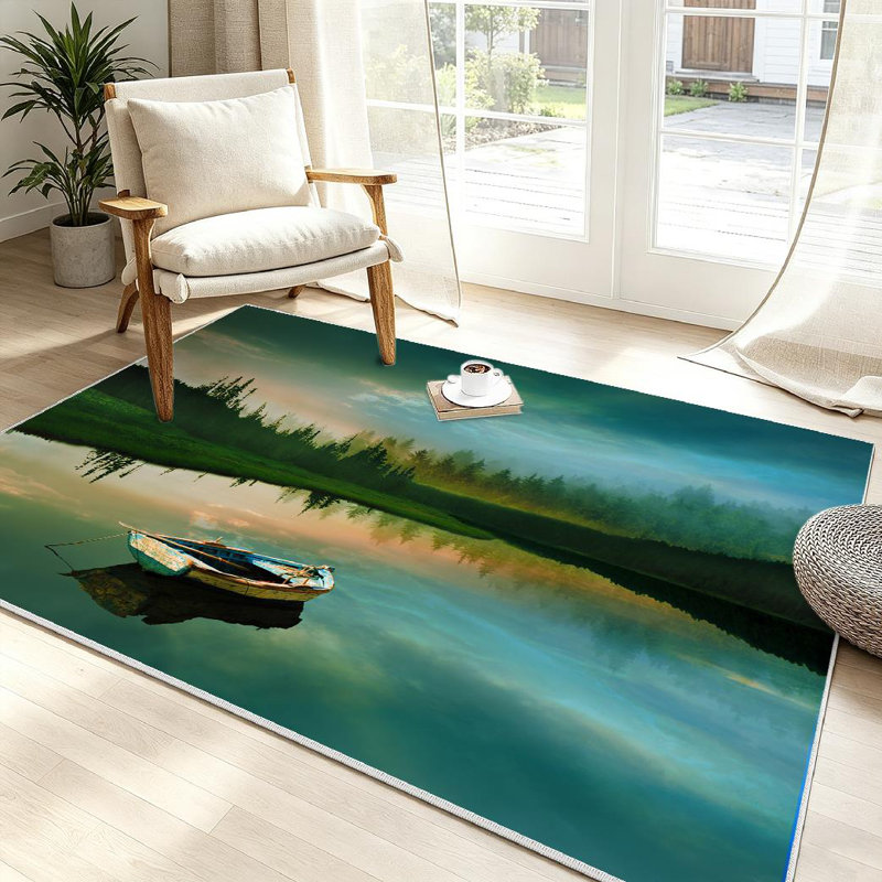 Blue Fishing Boat Calm Lake Landscape Beautiful Machine Washable Indoor Area Rug, Rectangle 39" x 63"
