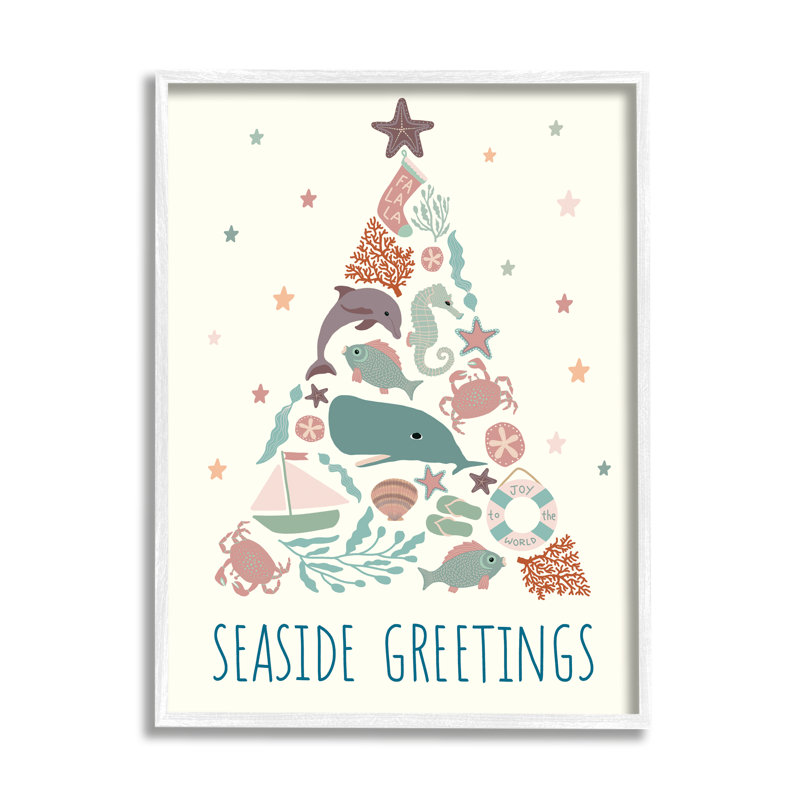 «Seaside Greetings», arbre de Noël animaux aquatiques et botanique noir, estampe numérique, art texturé par Darlene Seale