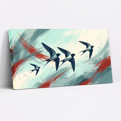 Hirondelles en vol à gorge rouge et coups de pinceau turquoise - Tableau sur toile