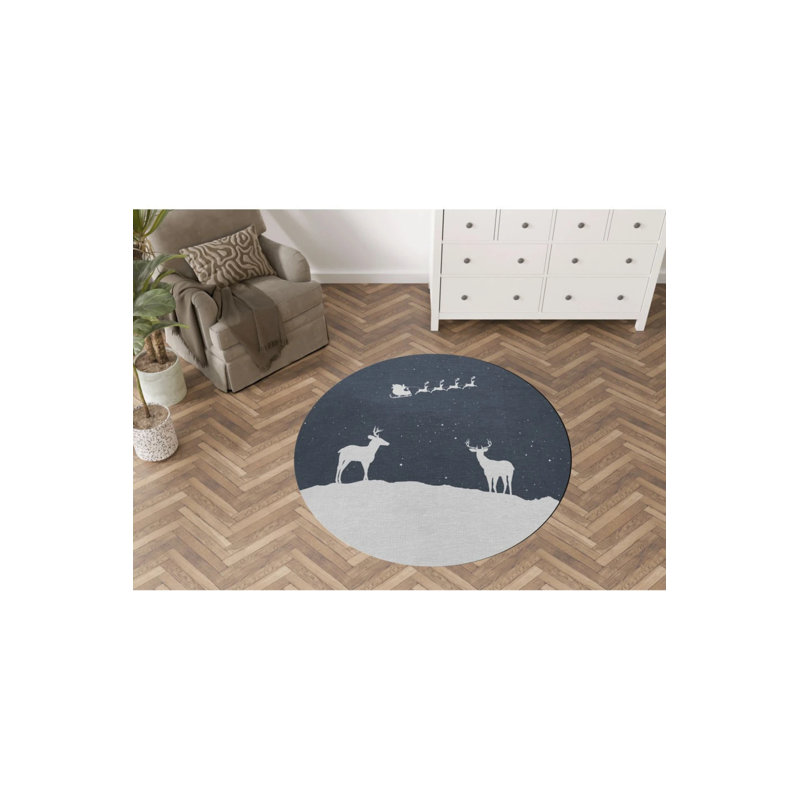 Blue New Year Themed Surrealist Moon Deer Patterned Modern Woven Base Round Decorative Carpet, Round 2'8"