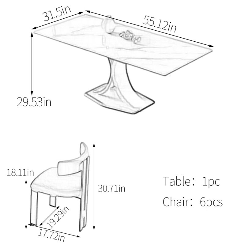 Rectangle sintered stone simple dining table set, 29.53"H x 55.12"L x 31.5"W