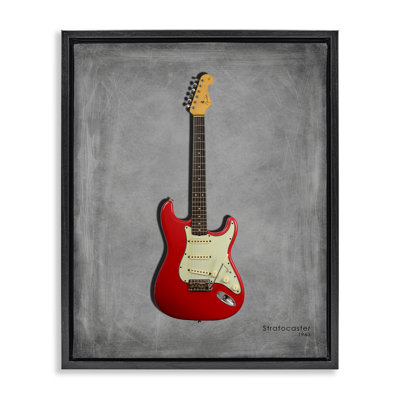 Guitare rouge classique sur cadre flottant gris, design par Mark Rogan