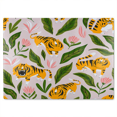 Cute tigers and tropical leaves and flowers Designer Glass Chopping Board